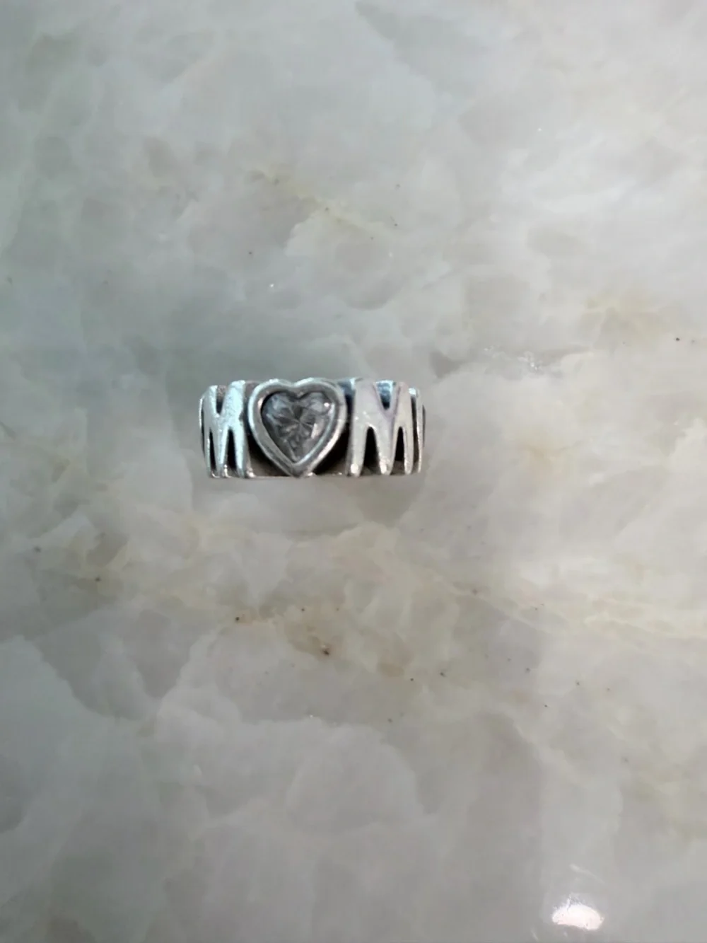 Pandora Silver MOM Bracelet Charm with Clear Heart Stone